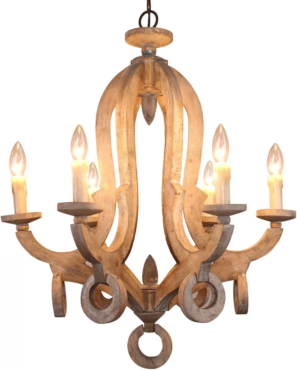 6-Light Rustic Farmhouse Wood Chandelier D7802