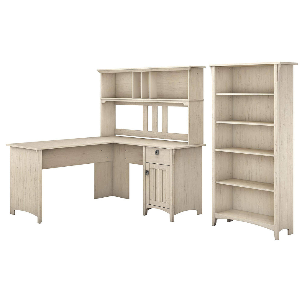Antique White L Shaped Desk with Hutch and 5 Shelf Bookcase A96068