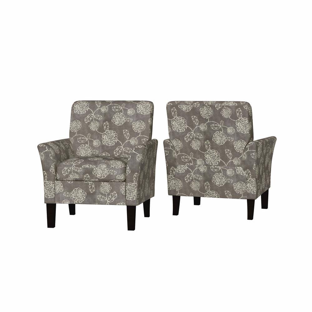 Charcoal Gray and Creamy White Floral Arm Chairs (Set of 2) D415