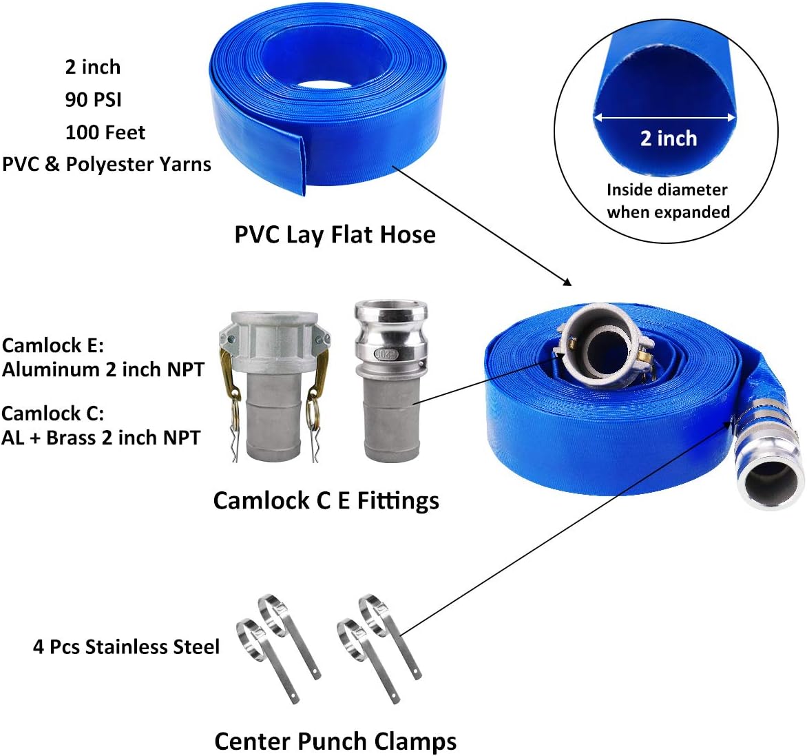 2 x 100' Blue PVC Heavy Duty Discharge Hose with Aluminum Camlock Fittings E438
