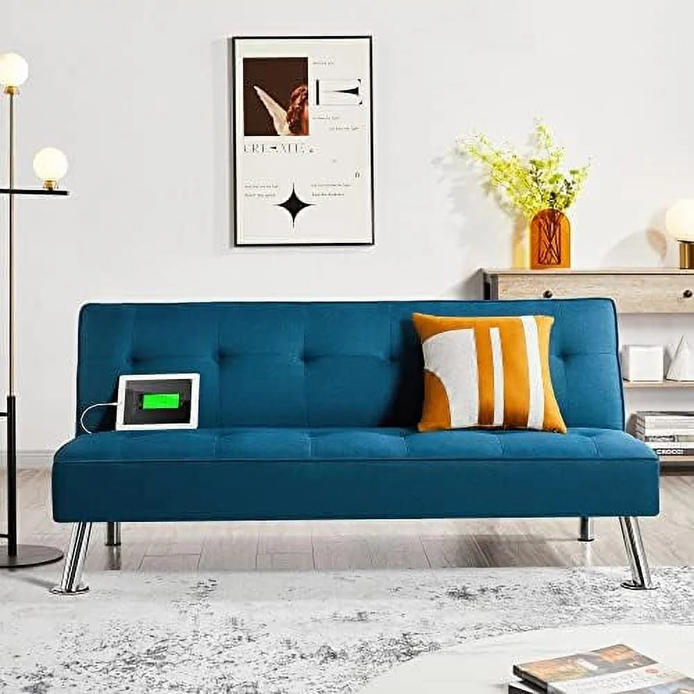 Convertible Futon Sofa Bed with 2 USB Charging Ports Fabric Loveseat Couch Metal Legs J90342
