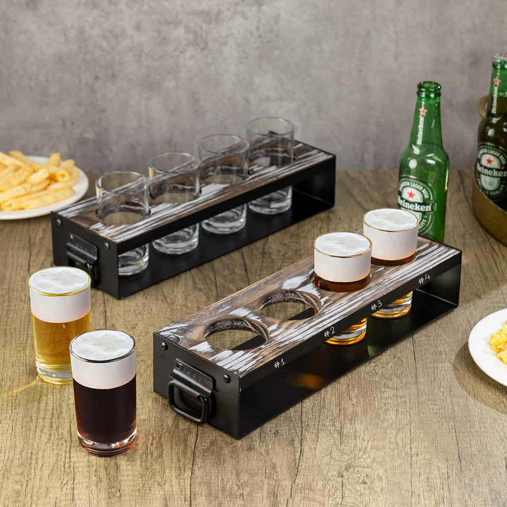 Beer Flight Board with Glasses Serving Caddy in Matte Black Metal and Torched Wood with 4 Beer Tasting Glass, Set of 2 N185273