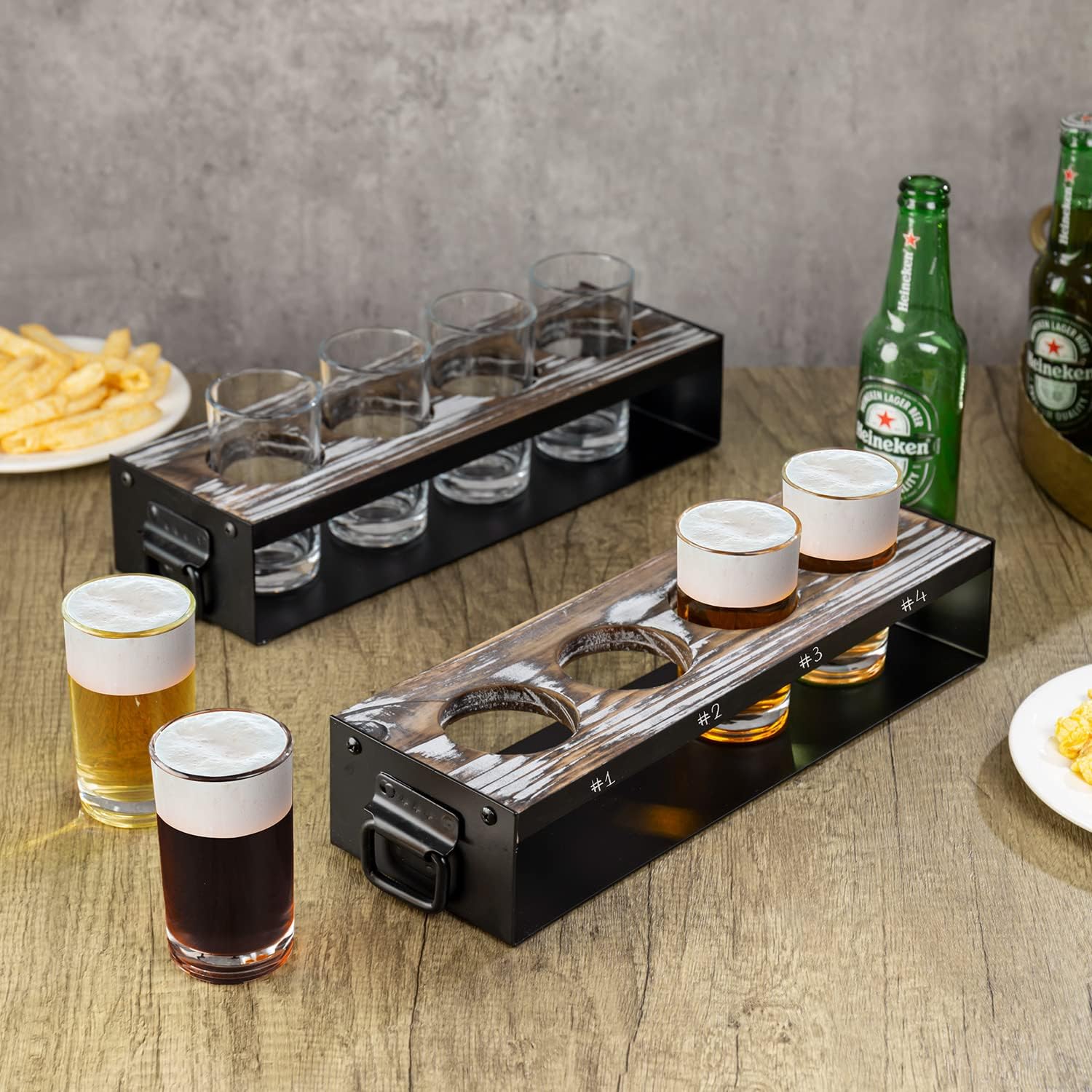 Beer Flight Board with Glasses Serving Caddy in Matte Black Metal and Torched Wood with 4 Beer Tasting Glass, Set of 2 N185273