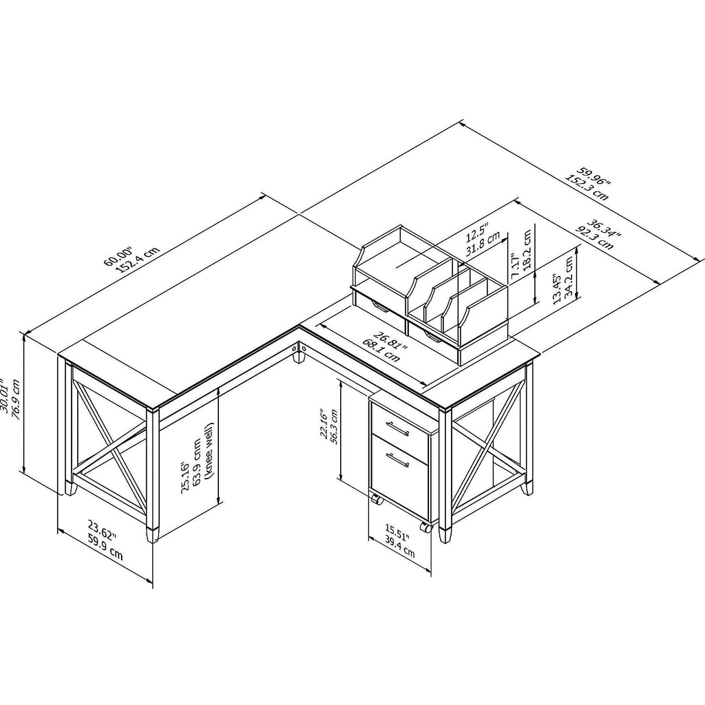 60W L Shaped Desk with Mobile File Cabinet and Desktop Organizers, Pure White Oak I46567