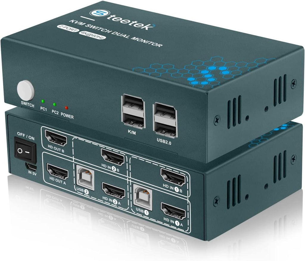 KVM Switch Dual Monitor 4 Port 4K@30Hz, HDMI 4 in 2 Out, with 8 HDMI and 4 USB Cables Q32355