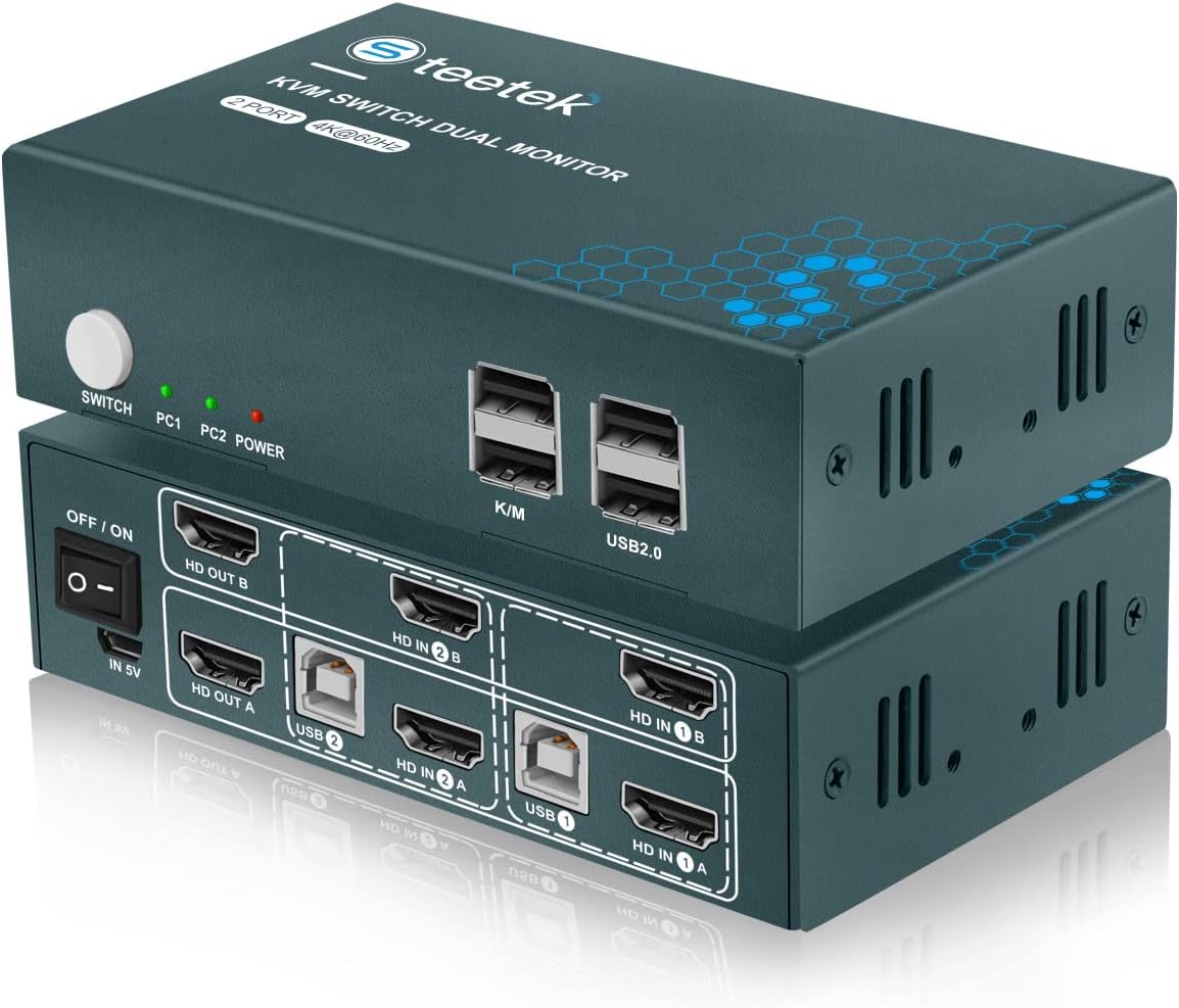 KVM Switch Dual Monitor 4 Port 4K@30Hz, HDMI 4 in 2 Out, with 8 HDMI and 4 USB Cables Q32355