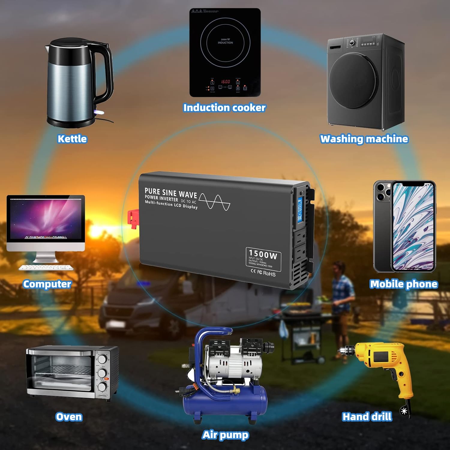 600W Pure Sine Wave Power Inverter DC 12V to AC 110V-130V with LCD Display and Wireless Remote Control U2671
