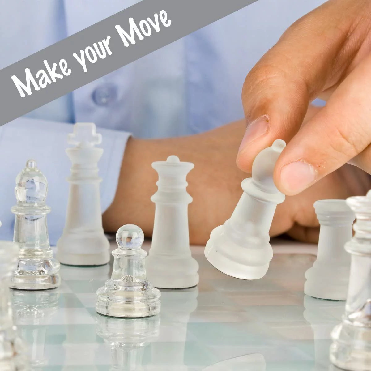 12 inch Glass Chess Set with 32 Frosted Clear Pieces S808