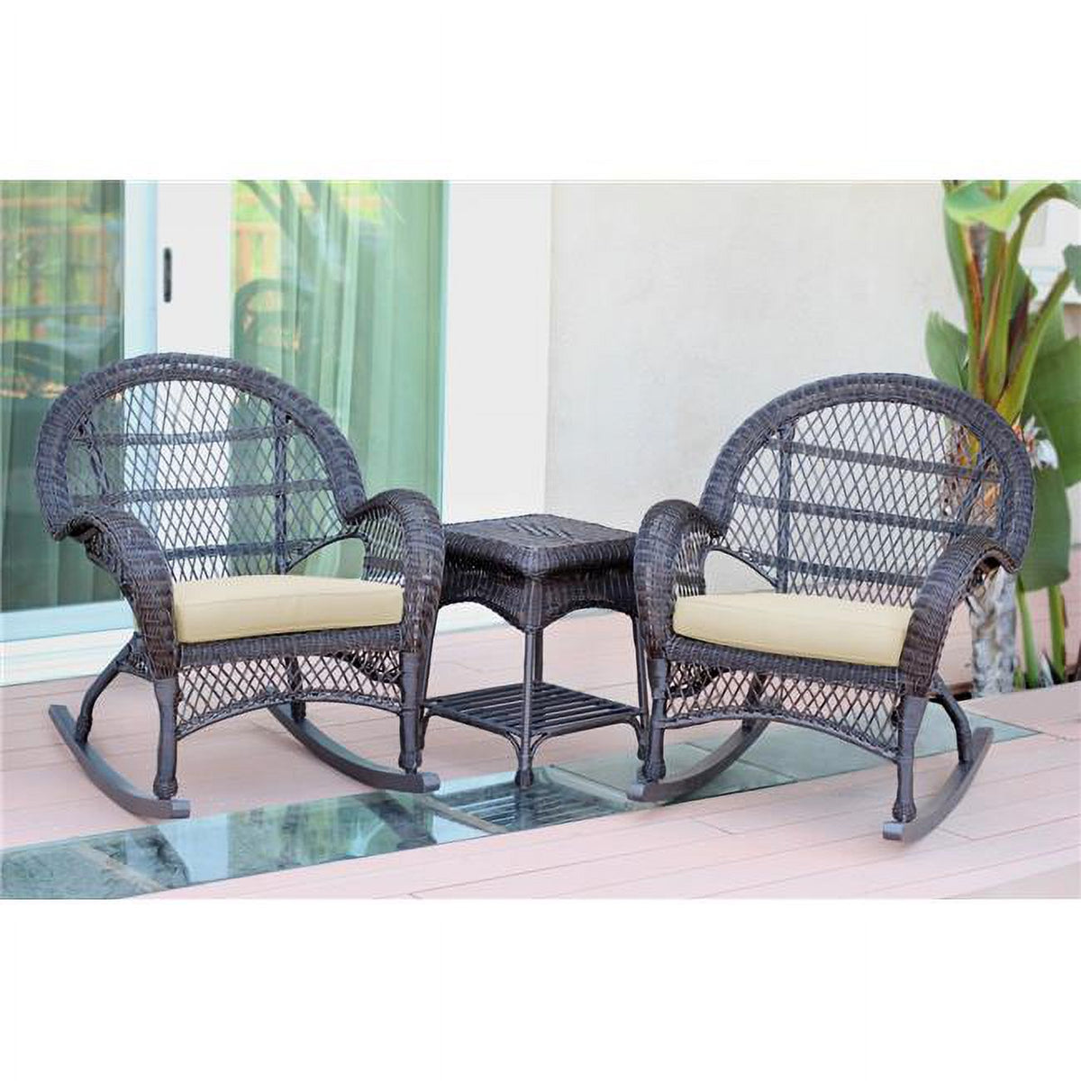 Espresso Rocker Wicker Chair Set with Ivory Cushions, 3 Piece X422403