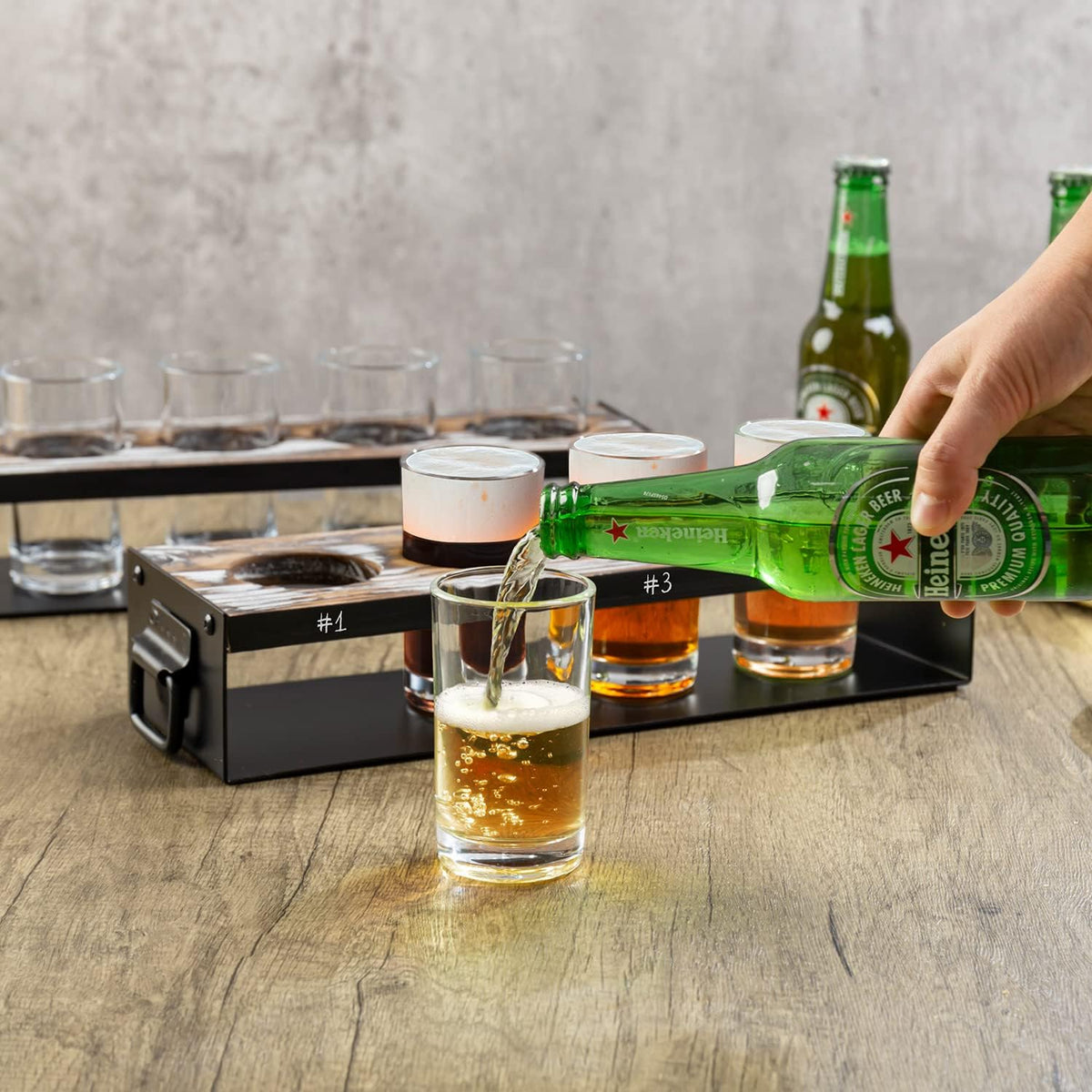 Beer Flight Board with Glasses Serving Caddy in Matte Black Metal and Torched Wood with 4 Beer Tasting Glass, Set of 2 N185273