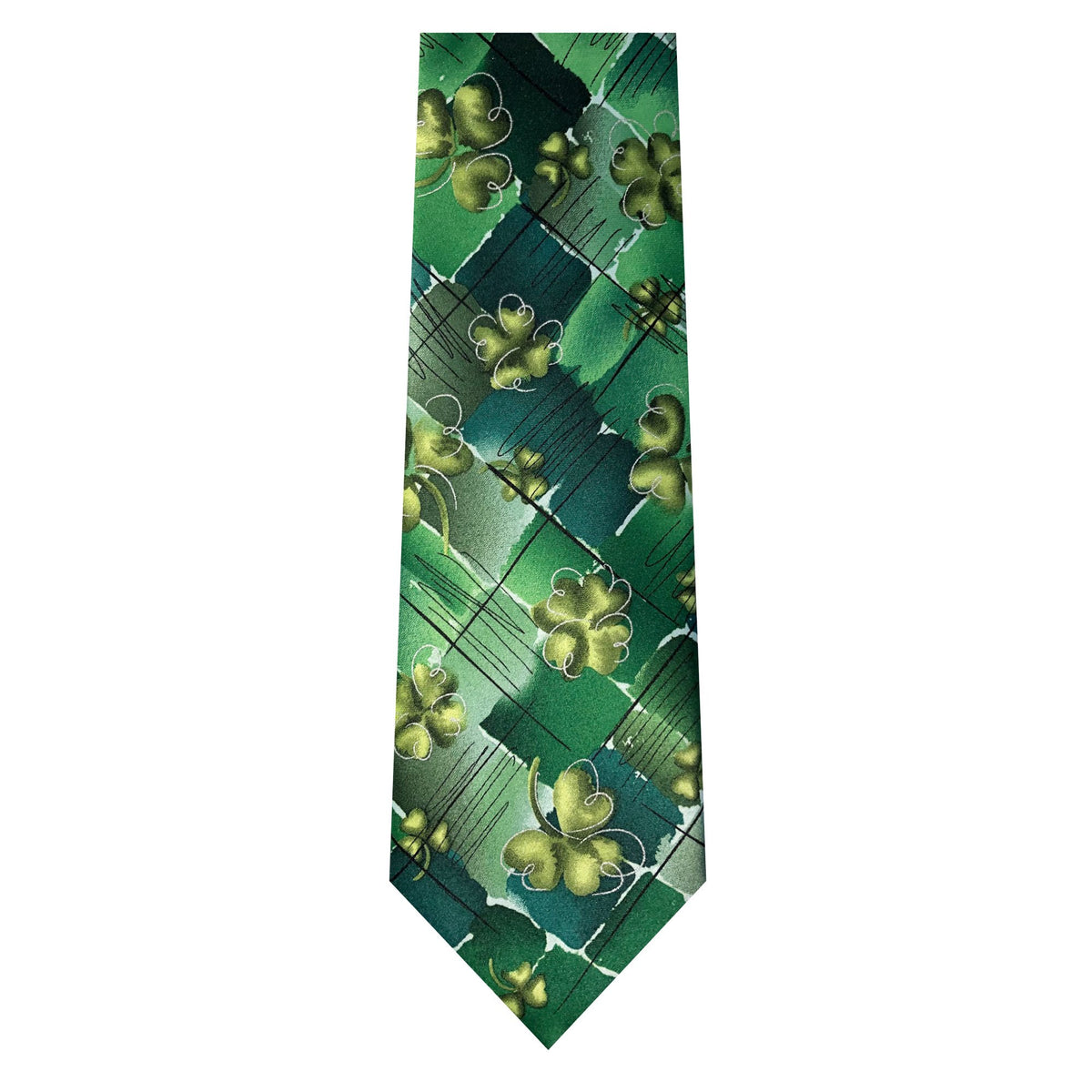 Green Shamrocks Clovers Black Diamond Irish Plant Person Art Extra Long Neck Tie D6888
