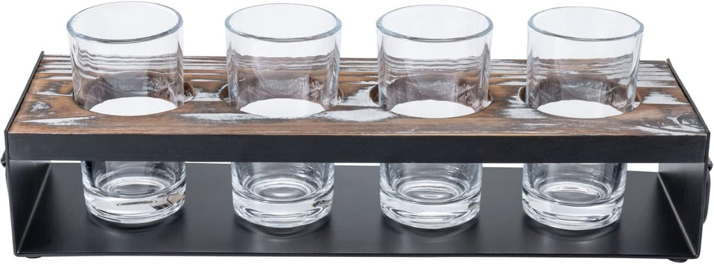 Beer Flight Board with Glasses Serving Caddy in Matte Black Metal and Torched Wood with 4 Beer Tasting Glass, Set of 2 N185273