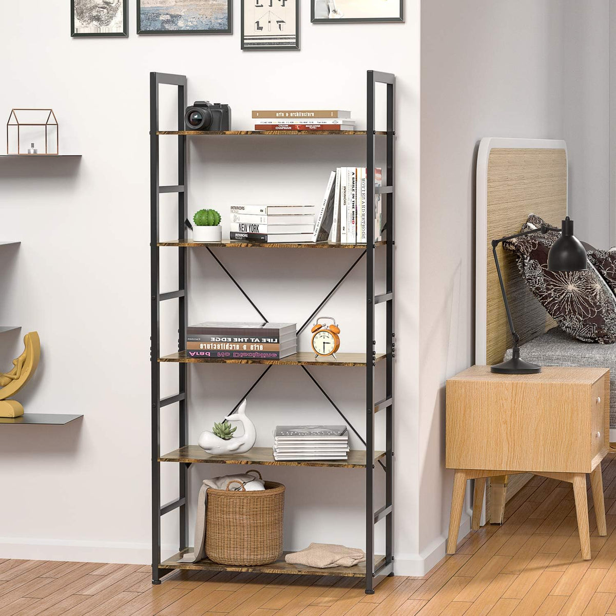 Rustic Brown 5 Tier Wooden and Metal Bookshelf C80106