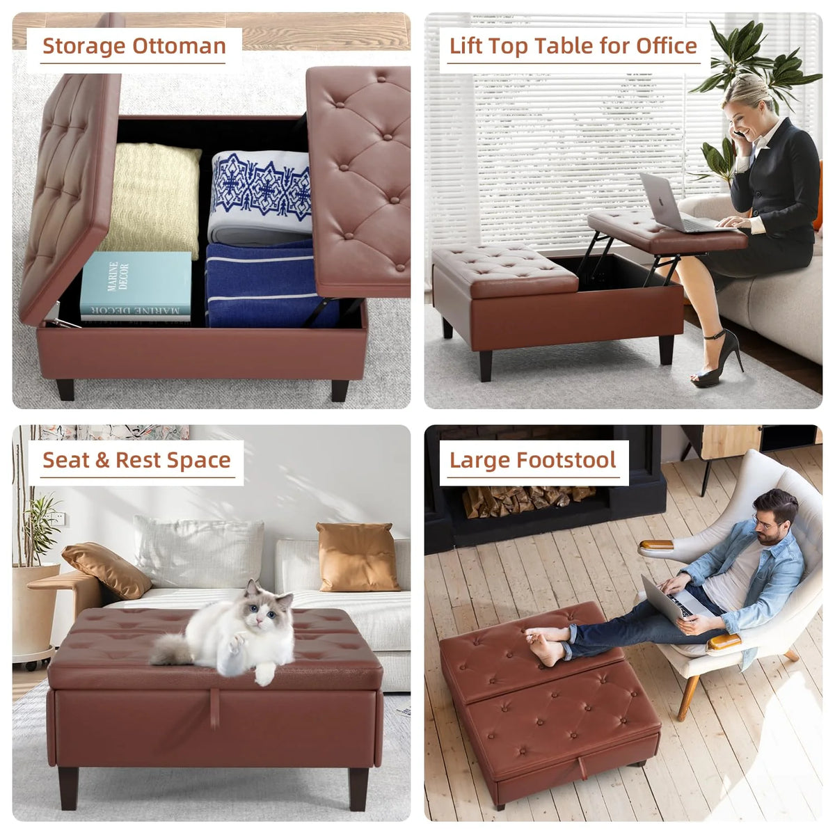 Dark Brown Faux Leather Square Storage Ottoman S610547