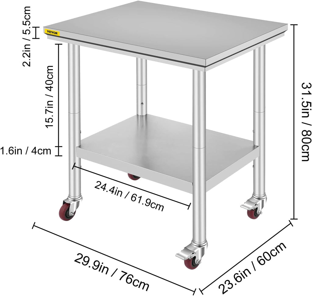 Stainless Steel Work Table with Wheels 24 x 30 x 32 Inch U5180