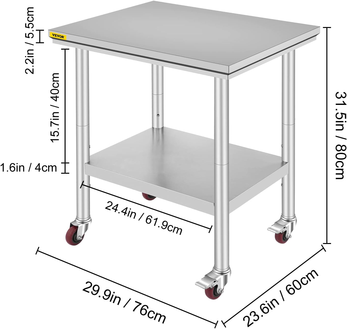 Stainless Steel Work Table with Wheels 24 x 30 x 32 Inch U5180