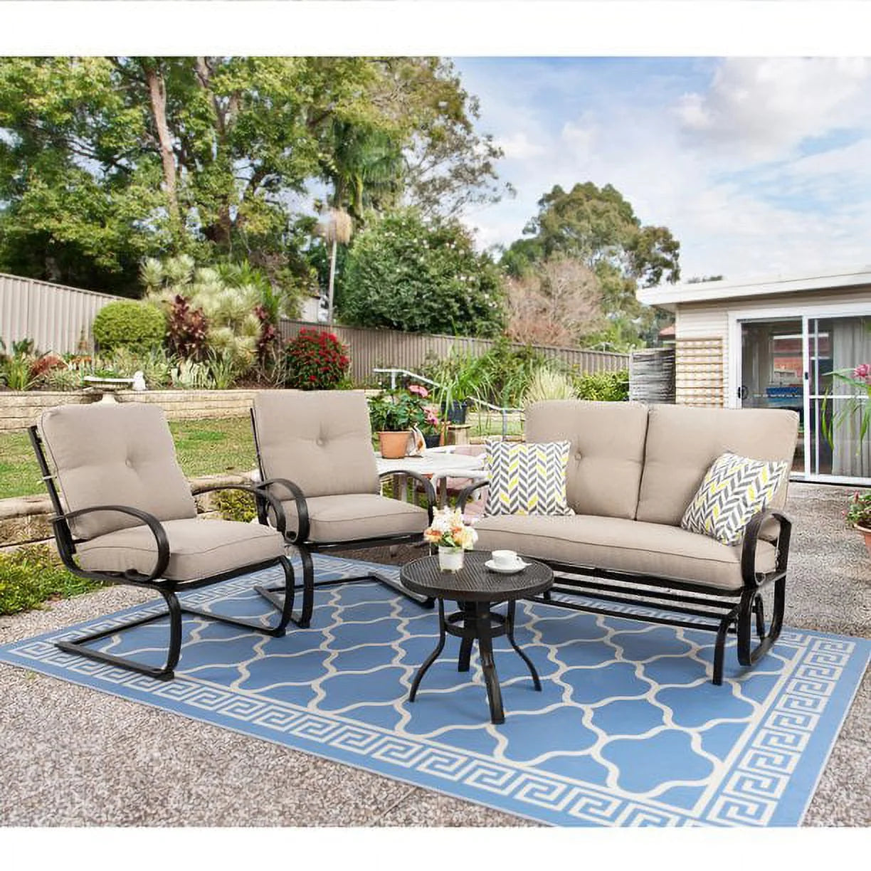 Beige 4 Pieces Outdoor Patio Metal Conversation Set with Coffee Table V7978