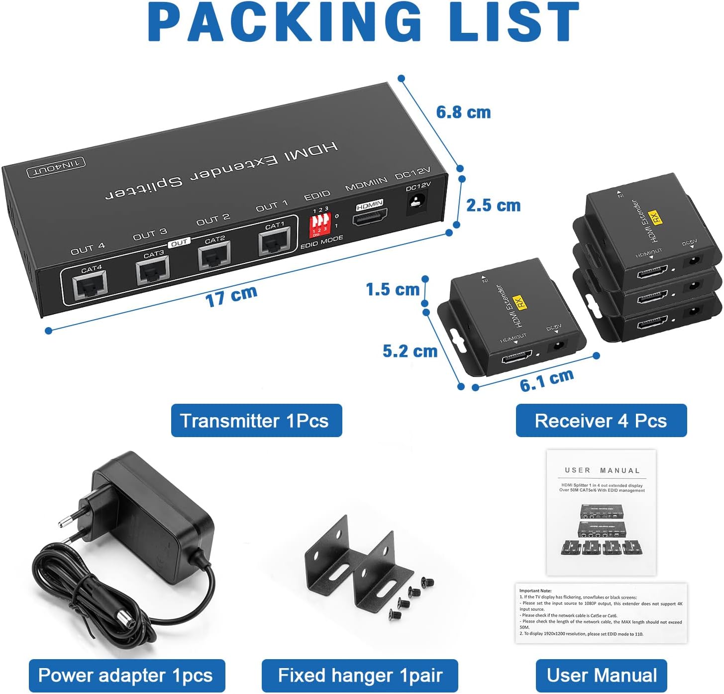 HDMI Extender Splitter 1x4, 165ft/50m, 1 in 4 Out, Over Cat5e/Cat6/7, 1080P@60hz C2458