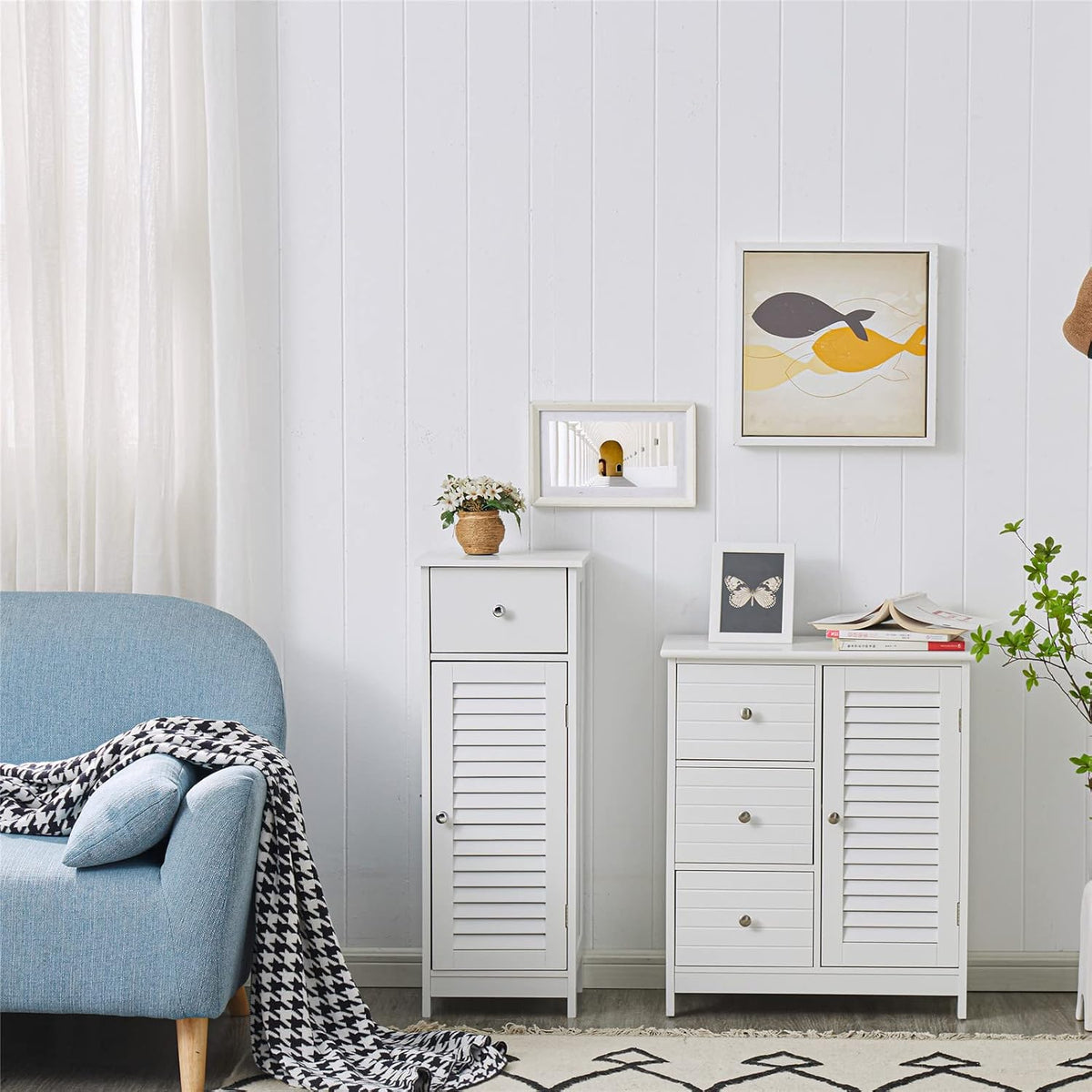 White Bathroom Storage Cabinet with 3 Drawers and 1 Two Layers Cabinet T381