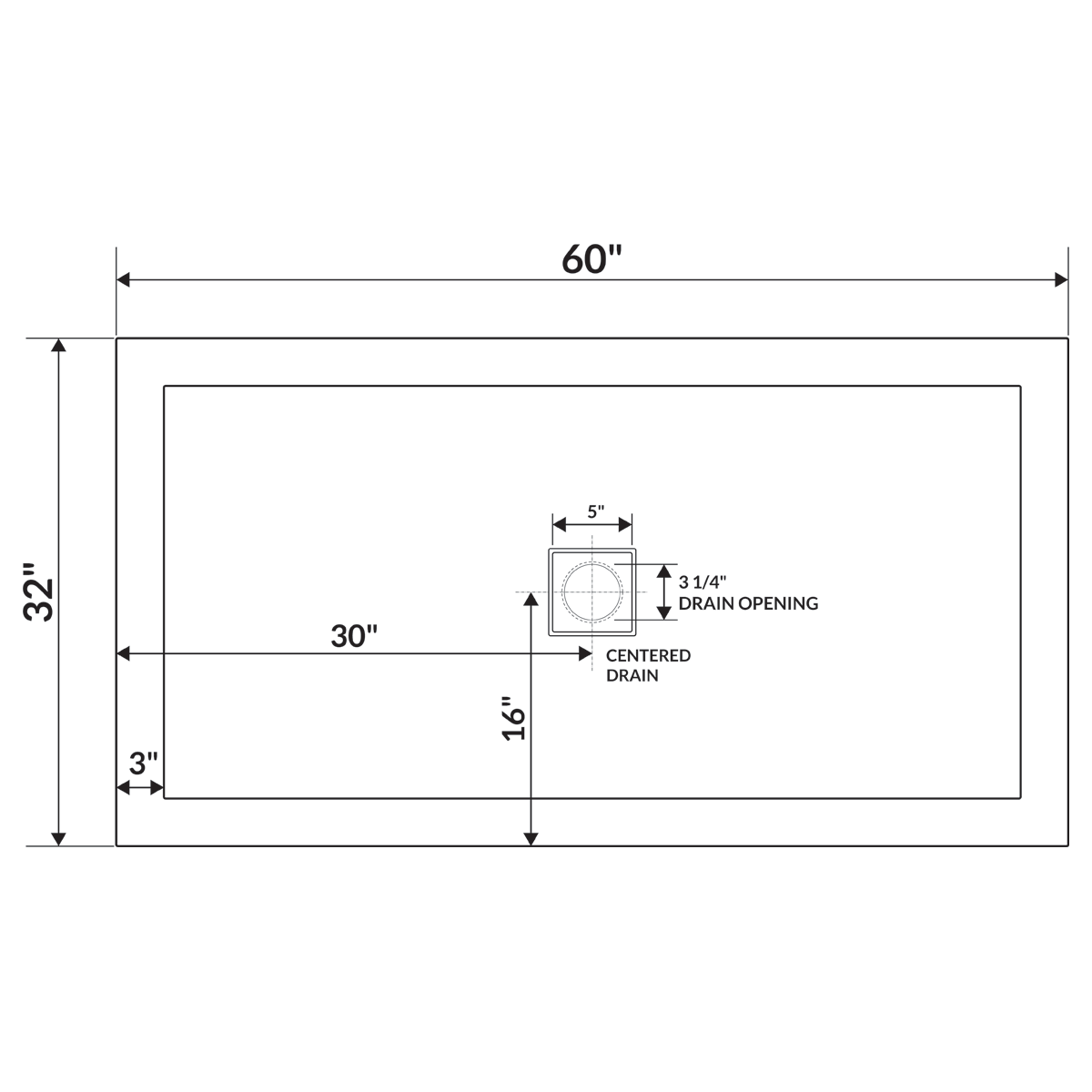 60 x 32 Right Double Threshold Shower Pan Base Wall Corner Left Drain T108445