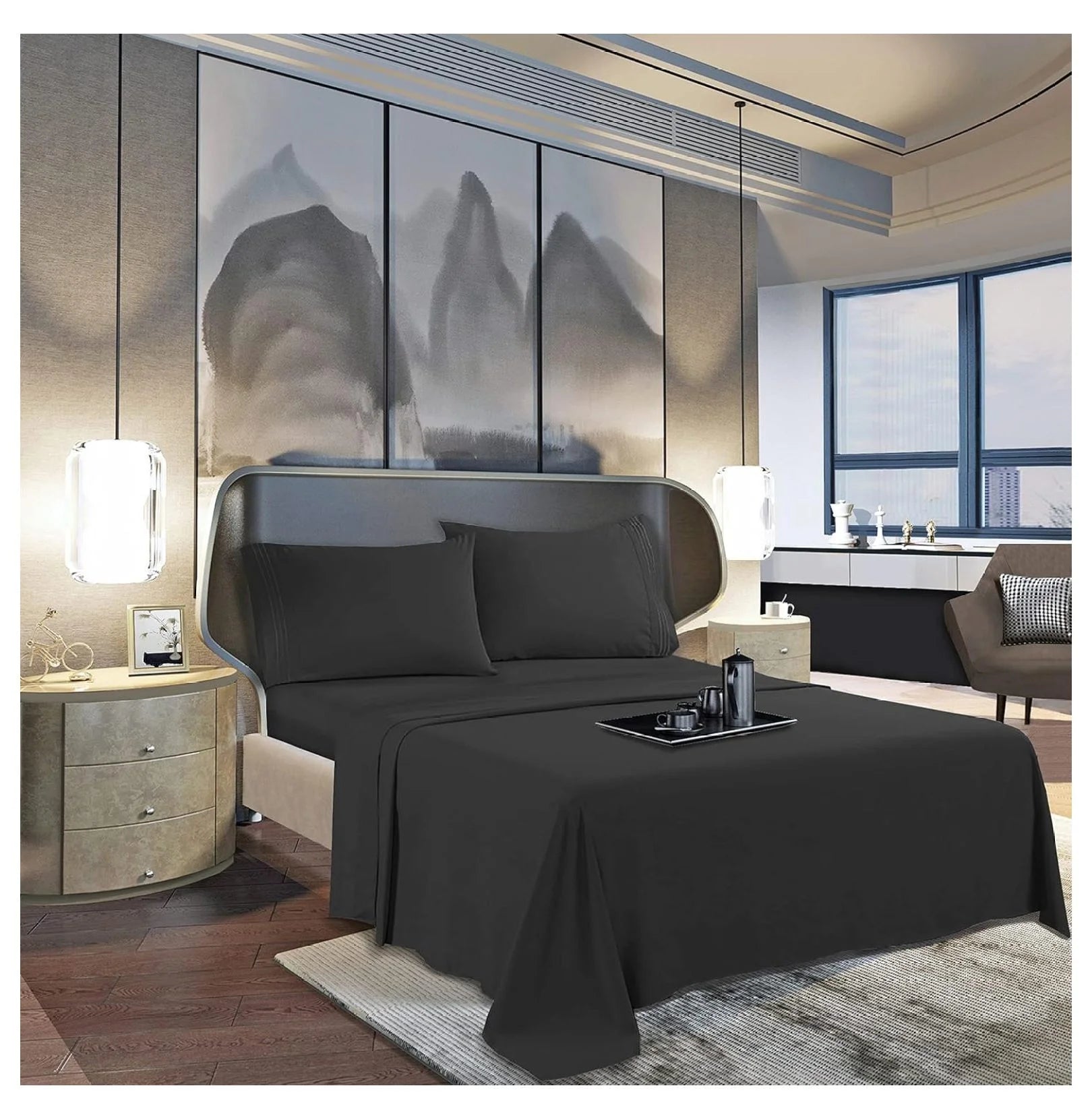 Twin 4 Piece Sheet Set with Pillowcases, Deep Pocket, Black Y30882