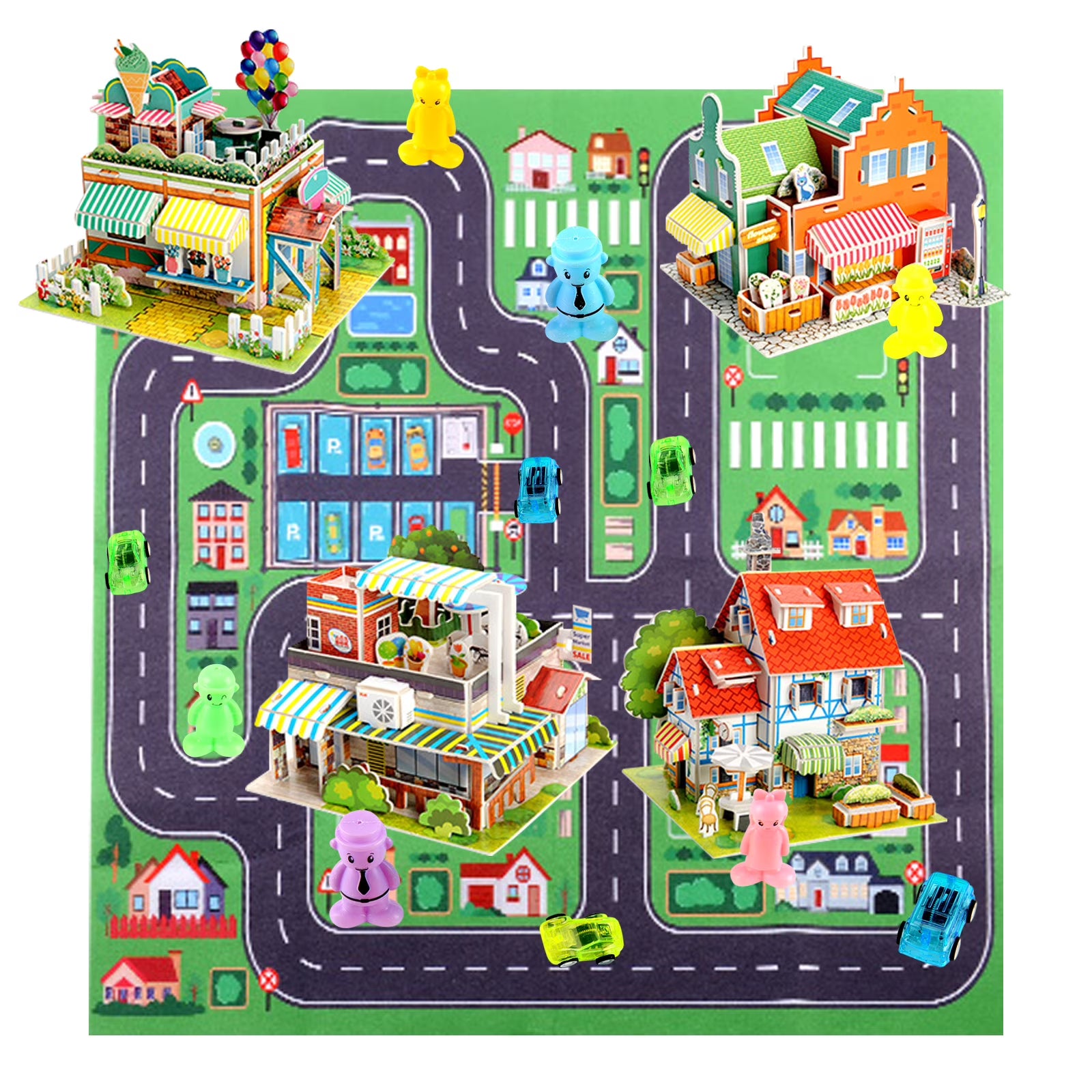 6 Cartoon Character Toys & 5 Toy Cars, 4 * 3D Puzzle Building Blocks Set K59384