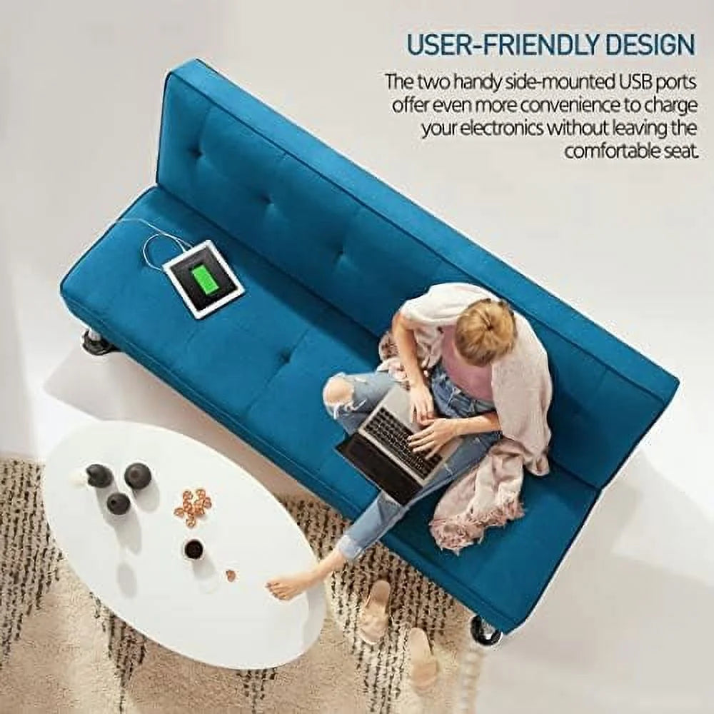 Convertible Futon Sofa Bed with 2 USB Charging Ports Fabric Loveseat Couch Metal Legs J90342