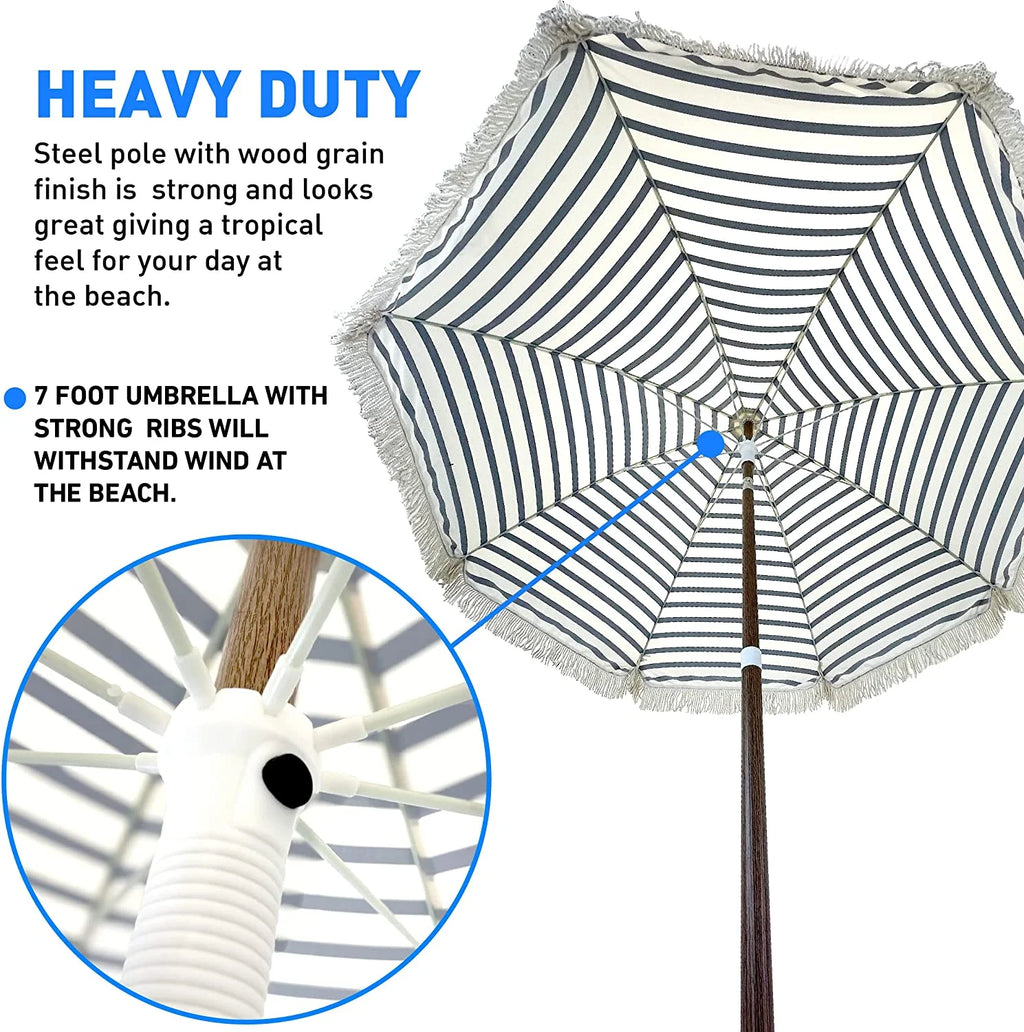 Tassel Beach Umbrella 7 Foot Wood Grain Steel Pole Tilt Function Carry Bag S722