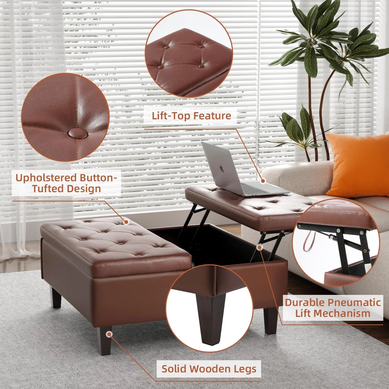 Dark Brown Faux Leather Square Storage Ottoman S610547