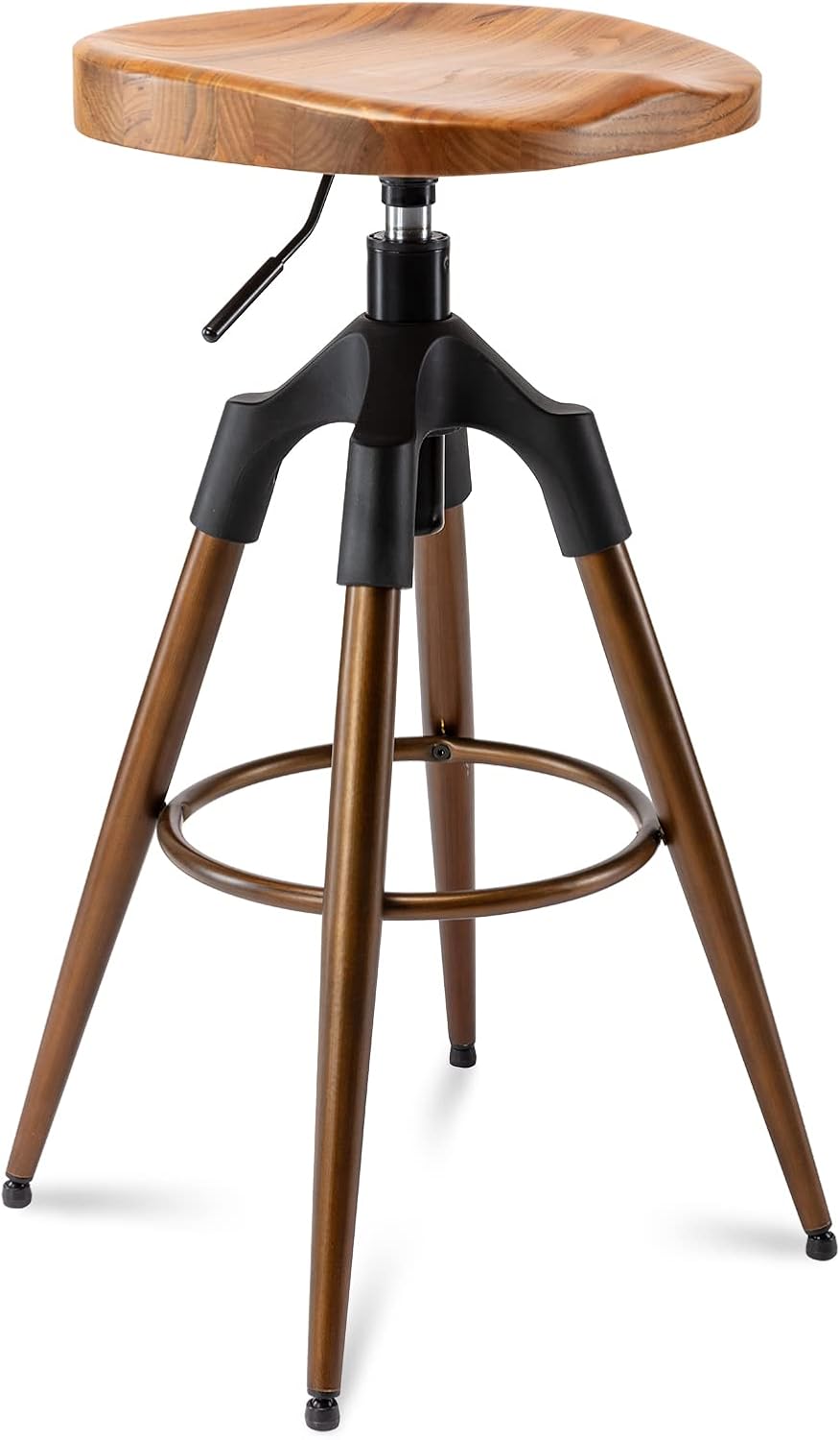 Industrial Bar Stool, Swivel Adjustable Counter Height Backless Four Legged Heavy Duty Bar Chair (Wooden top, Bronze) M62255