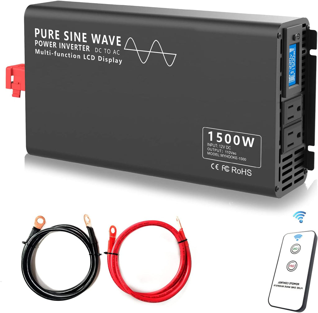 600W Pure Sine Wave Power Inverter DC 12V to AC 110V-130V with LCD Display and Wireless Remote Control U2671