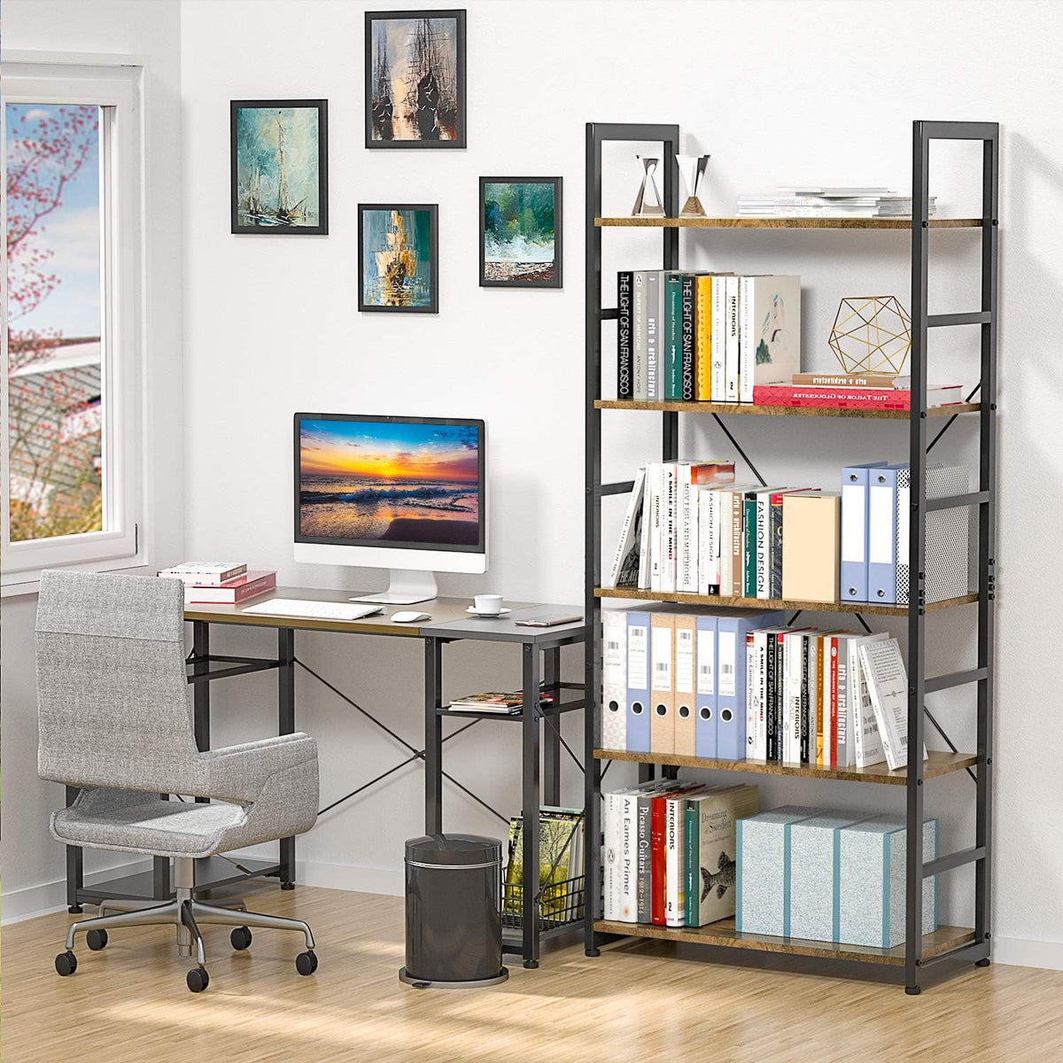 Rustic Brown 5 Tier Wooden and Metal Bookshelf C80106