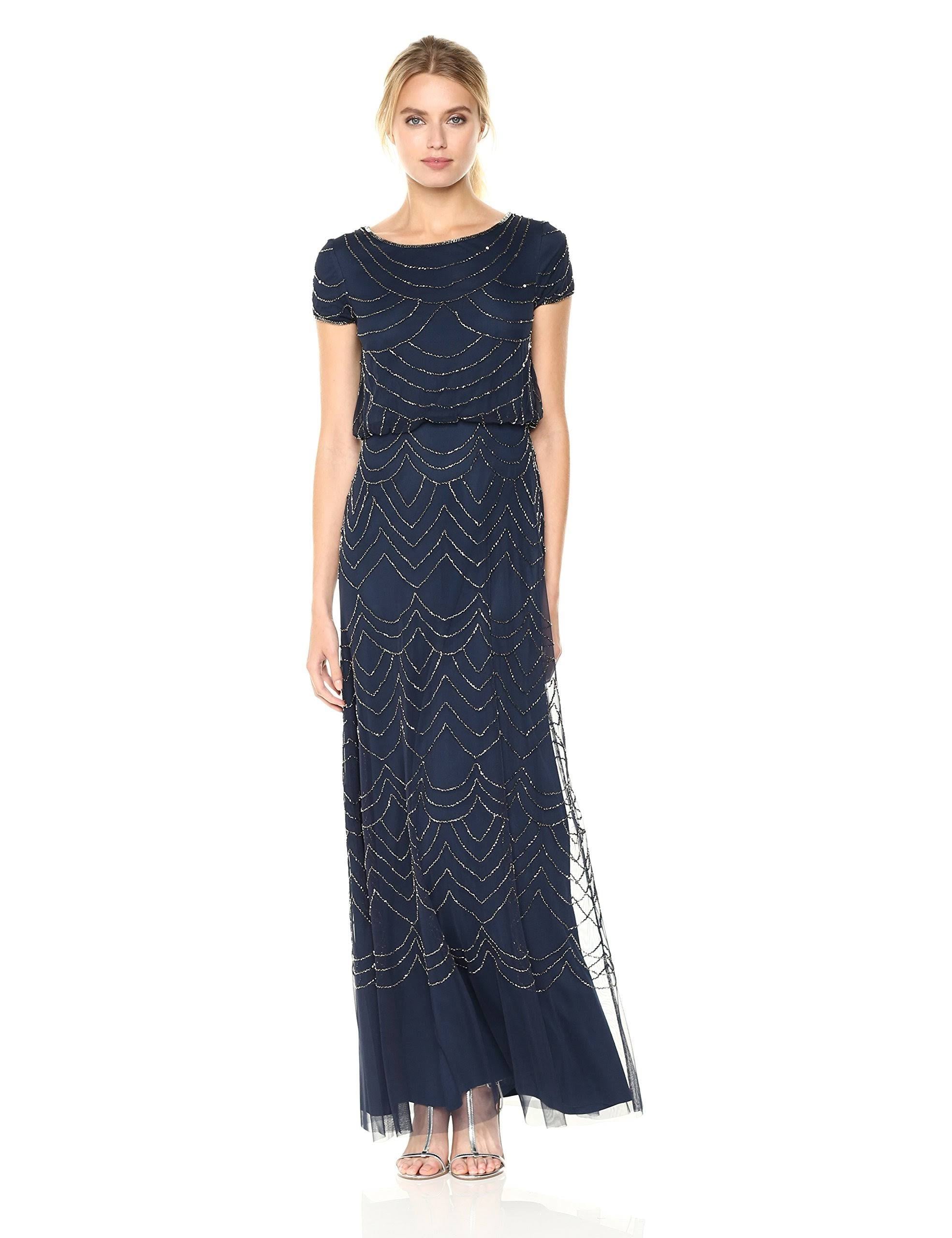 Navy Scalloped Beaded Blouson Gown T8951