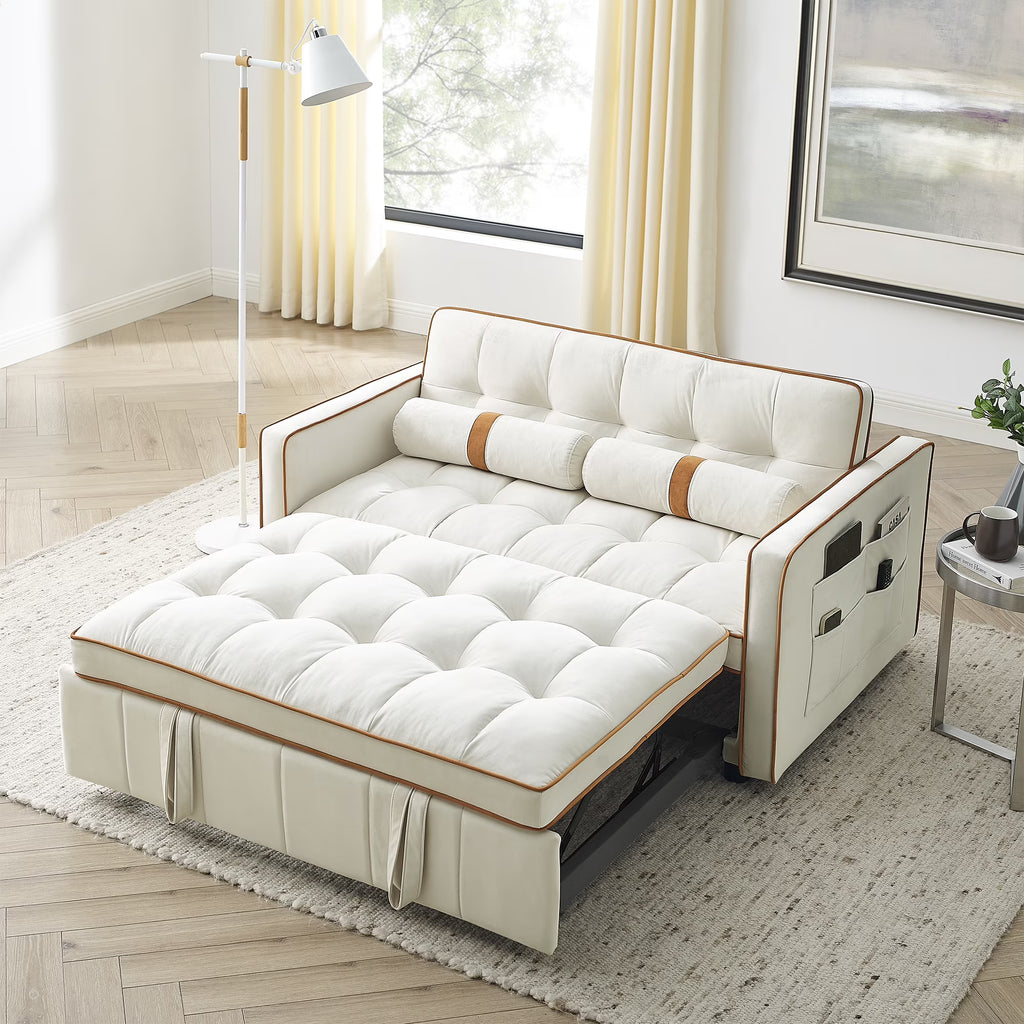 Beige 2 Seater Pull Out Sleep Sofa Bed with Side Pockets I37491