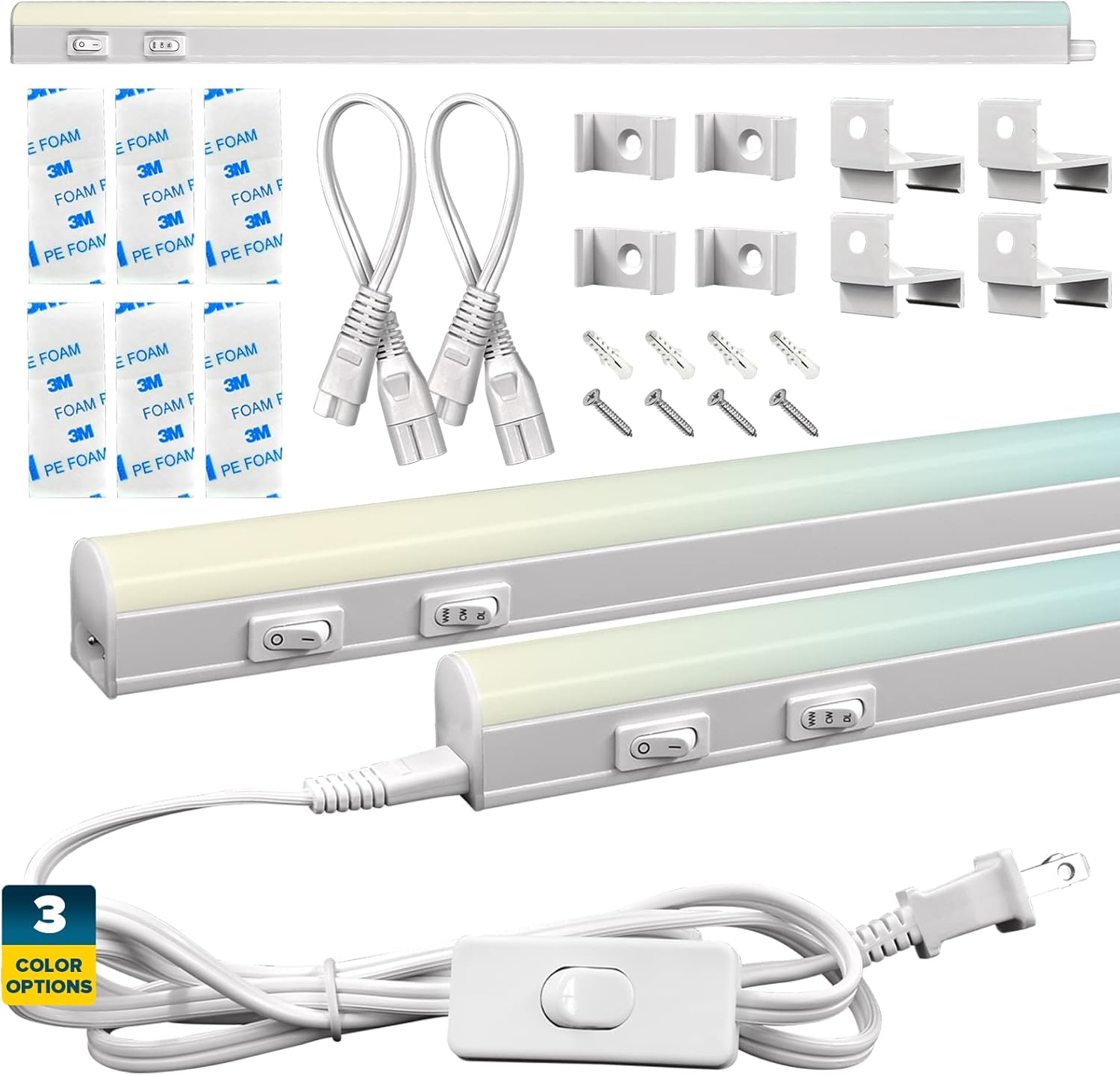 LED Under Cabinet Light Kit, 3 PCS Plug In, 36W, 3600 Lumens, Linkable, 3 Color Option, Peel and Stick or Bracket Mounted, On/Off Switch, Damp Rated M966878