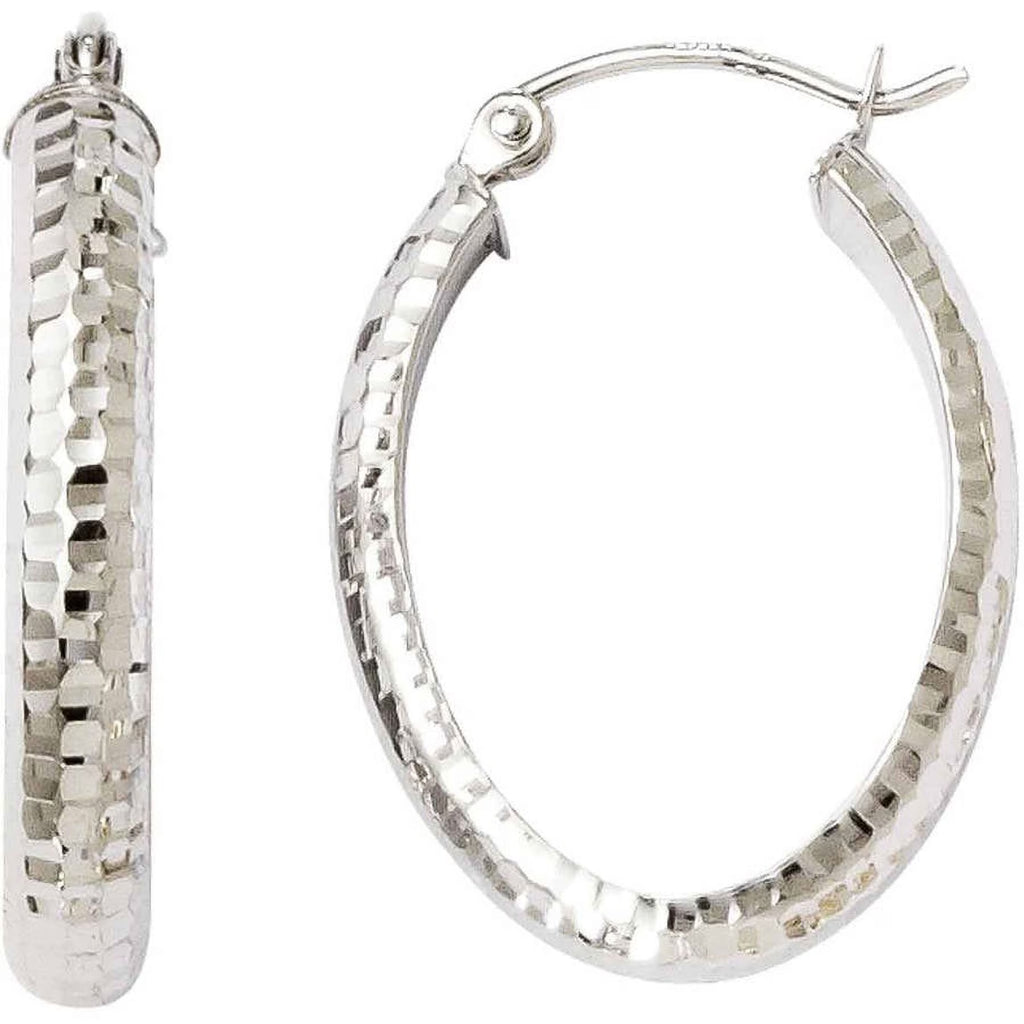10 Karat White Gold Diamond-cut Oval Hinged Hoop Earrings A451294