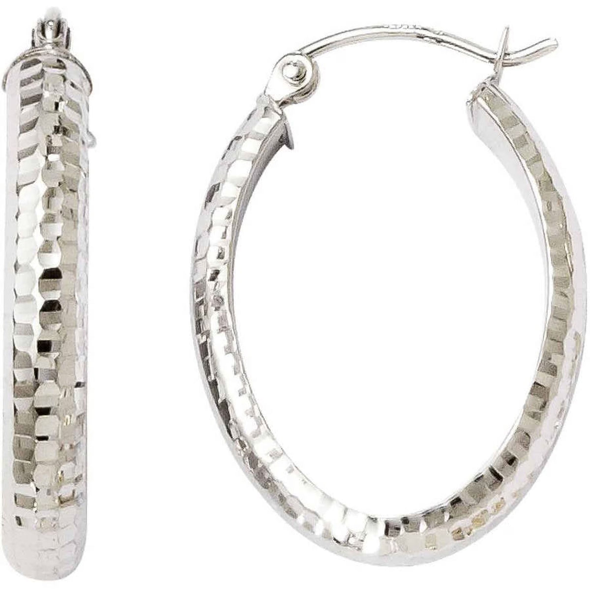 10 Karat White Gold Diamond-cut Oval Hinged Hoop Earrings A451294