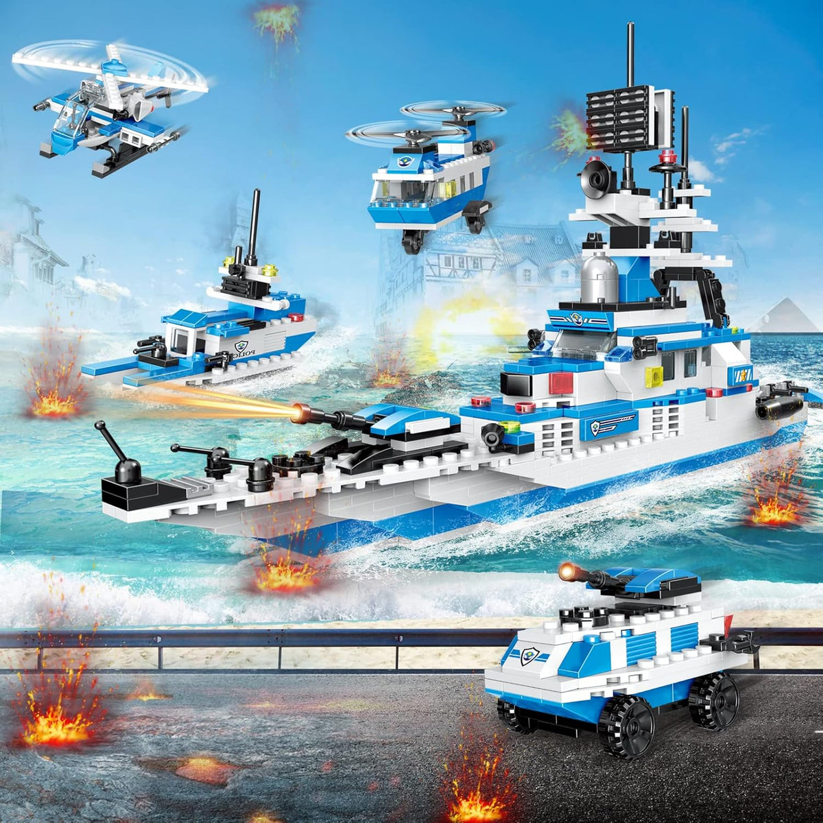 Police Ship Building Blocks Toy Kit with Army Car, Helicopter, Airplane, Warship B832472