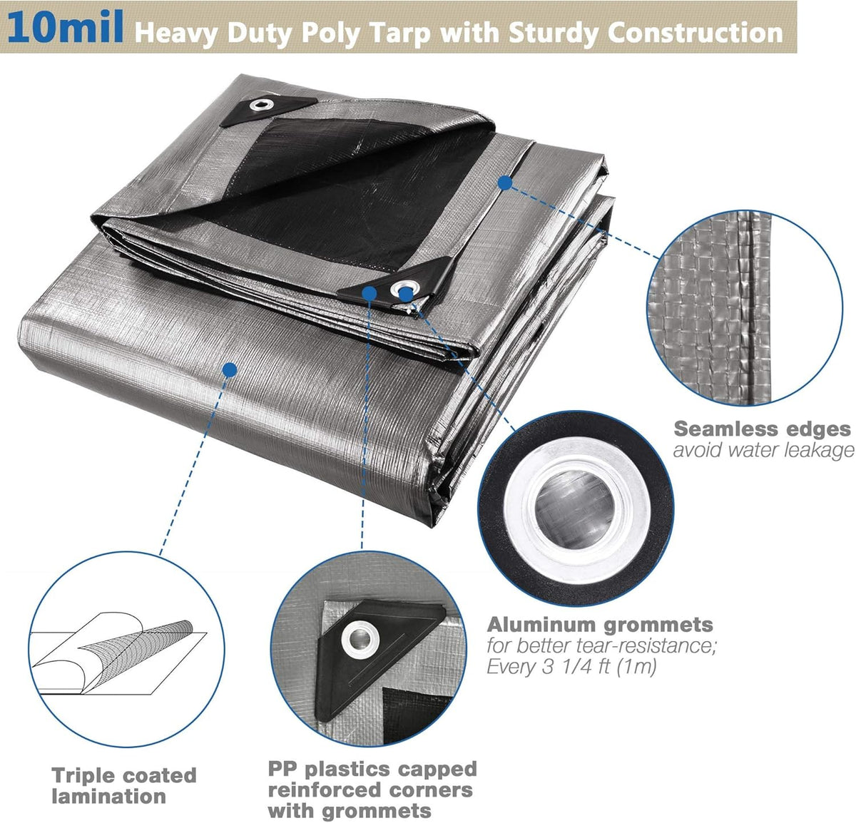 10x12ft Heavy Duty Reinforced Poly Tarp Waterproof Tarpaulin Ground Sheet with Eyelets Pack of 2 V7962