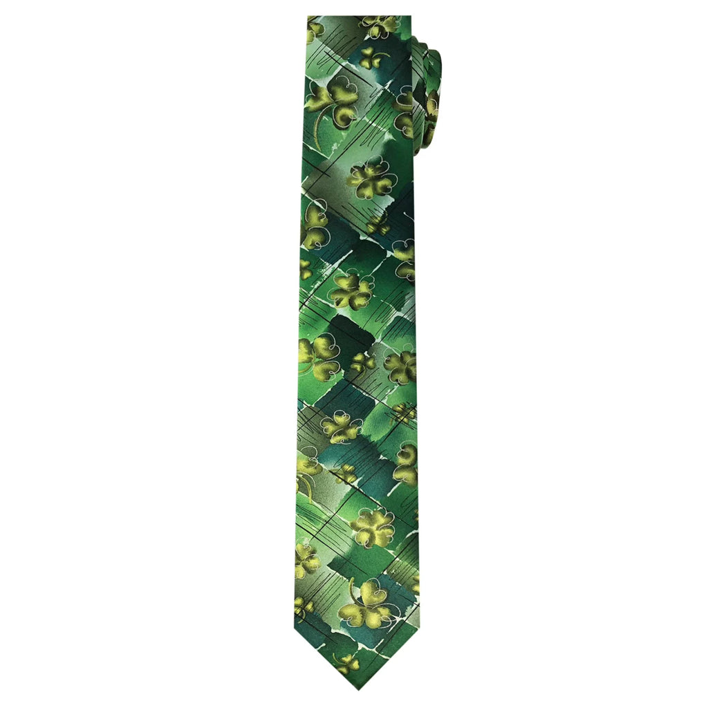 Green Shamrocks Clovers Black Diamond Irish Plant Person Art Extra Long Neck Tie D6888