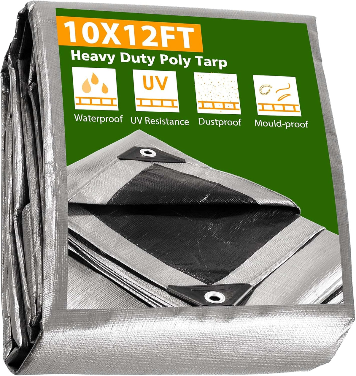 10x12ft Heavy Duty Reinforced Poly Tarp Waterproof Tarpaulin Ground Sheet with Eyelets Pack of 2 V7962