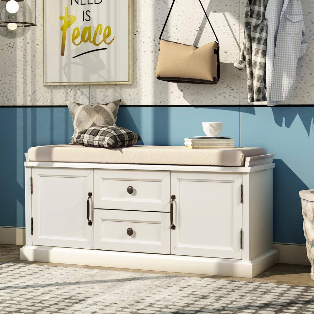 White Storage Bench with 2-Drawers and 2-Cabinets M880