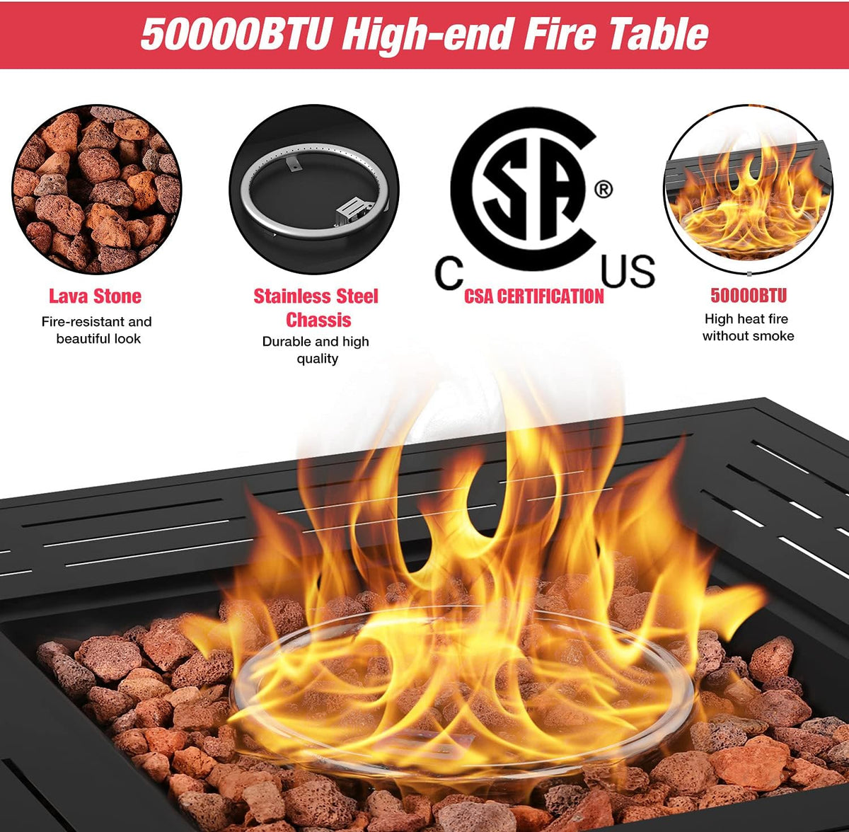 Propane Gas Fire Pit Table 50,000 BTU with Glass Wind Guard U114808