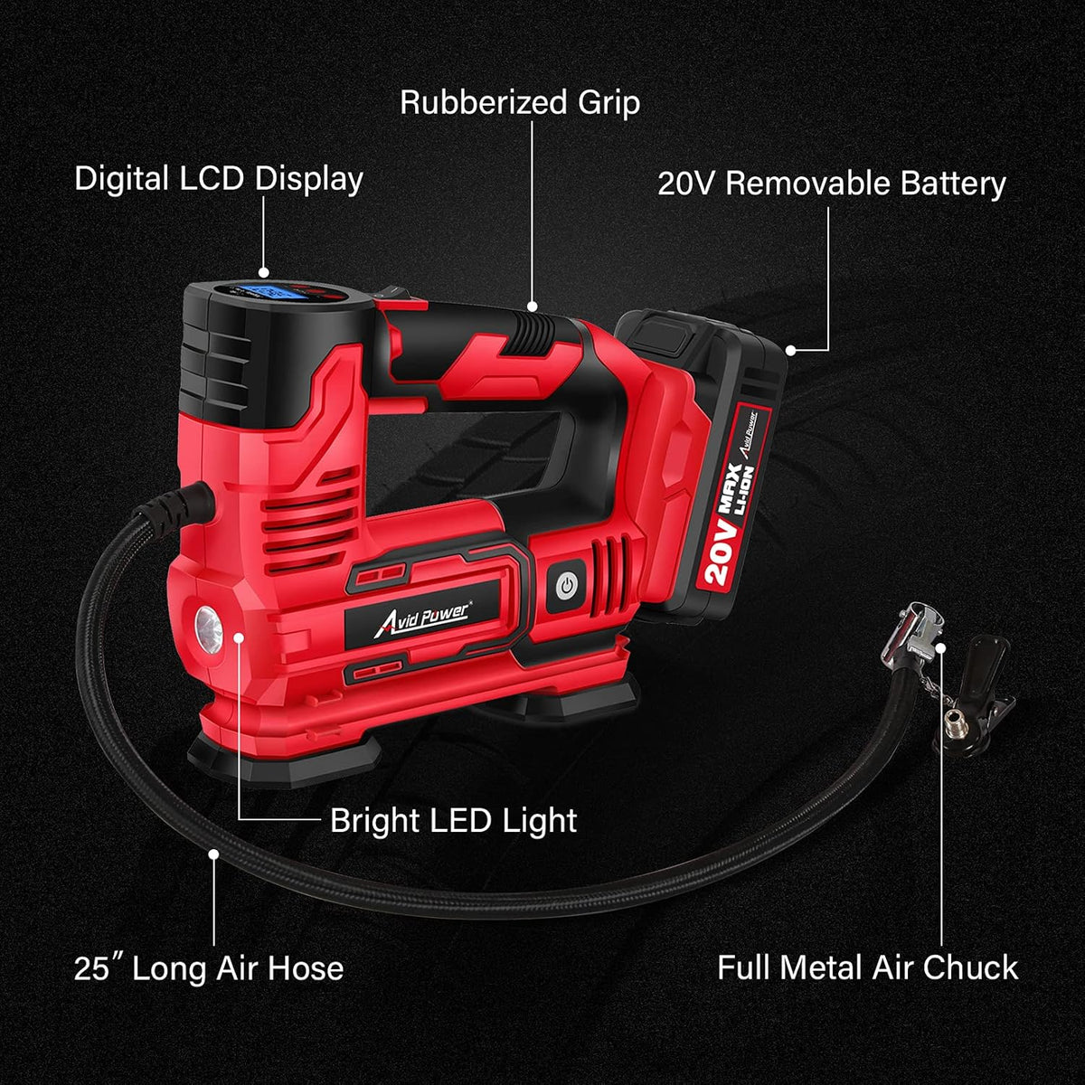 Tire Inflator Portable Air Compressor, 20V Cordless Car Tire Pump with Rechargeable Li-ion Battery, Digital Pressure Gauge T1190