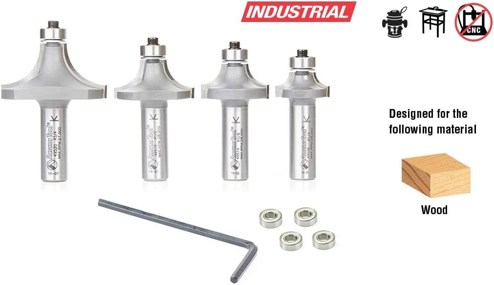 4-Pc Carbide Tipped Corner Rounding & Beading Router Bit Set 1/2 Inch Shank H605349