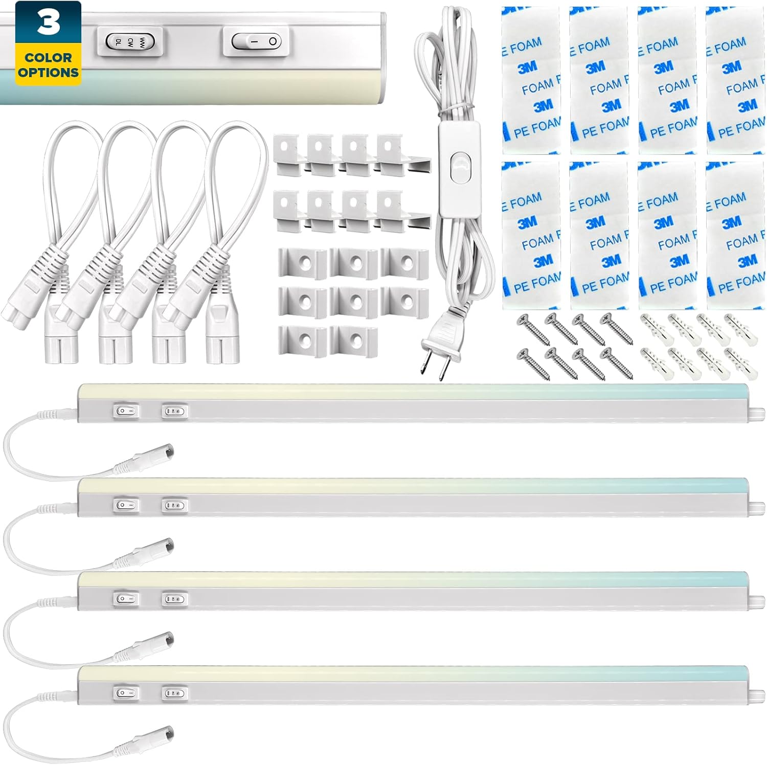 LED Under Cabinet Light Kit, 3 PCS Plug In, 36W, 3600 Lumens, Linkable, 3 Color Option, Peel and Stick or Bracket Mounted, On/Off Switch, Damp Rated M966878