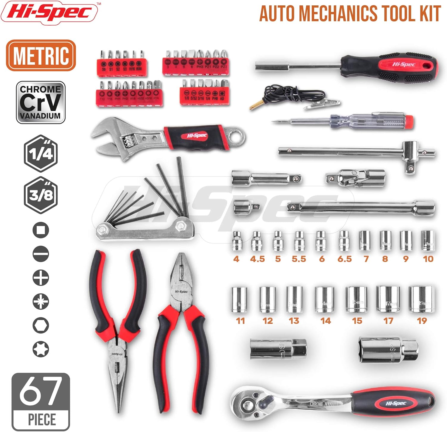 67 Piece Auto Mechanics Tool Kit with SAE Sockets, Ratchet Set and Tool Box H7860