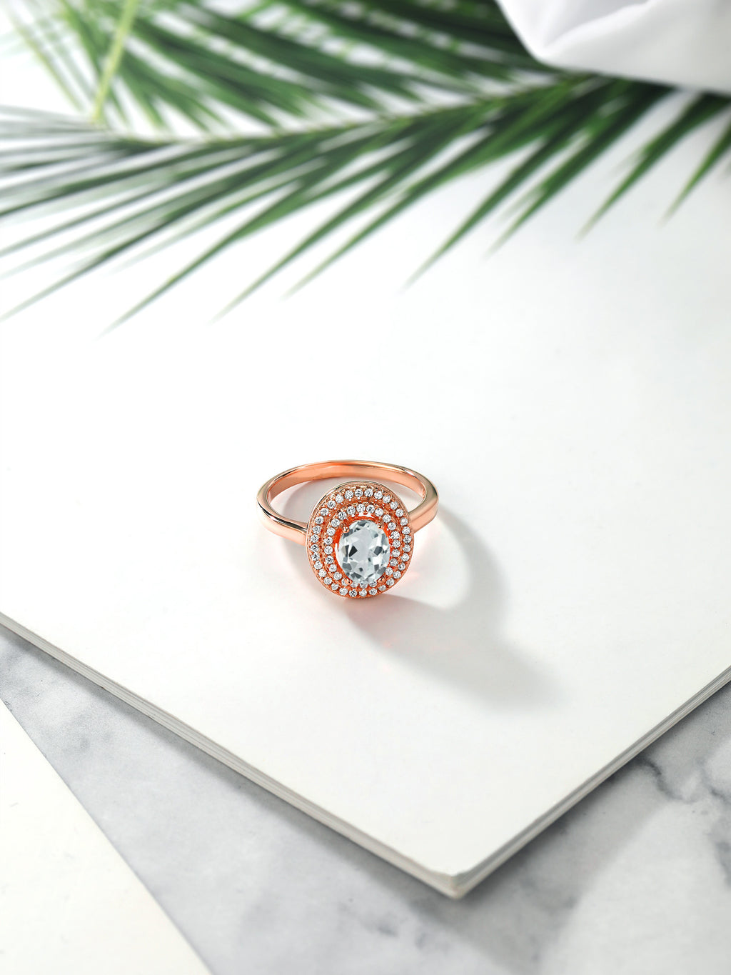 18K Rose Gold Plated Silver Oval Sky Blue Aquamarine Halo Engagement Ring T4883