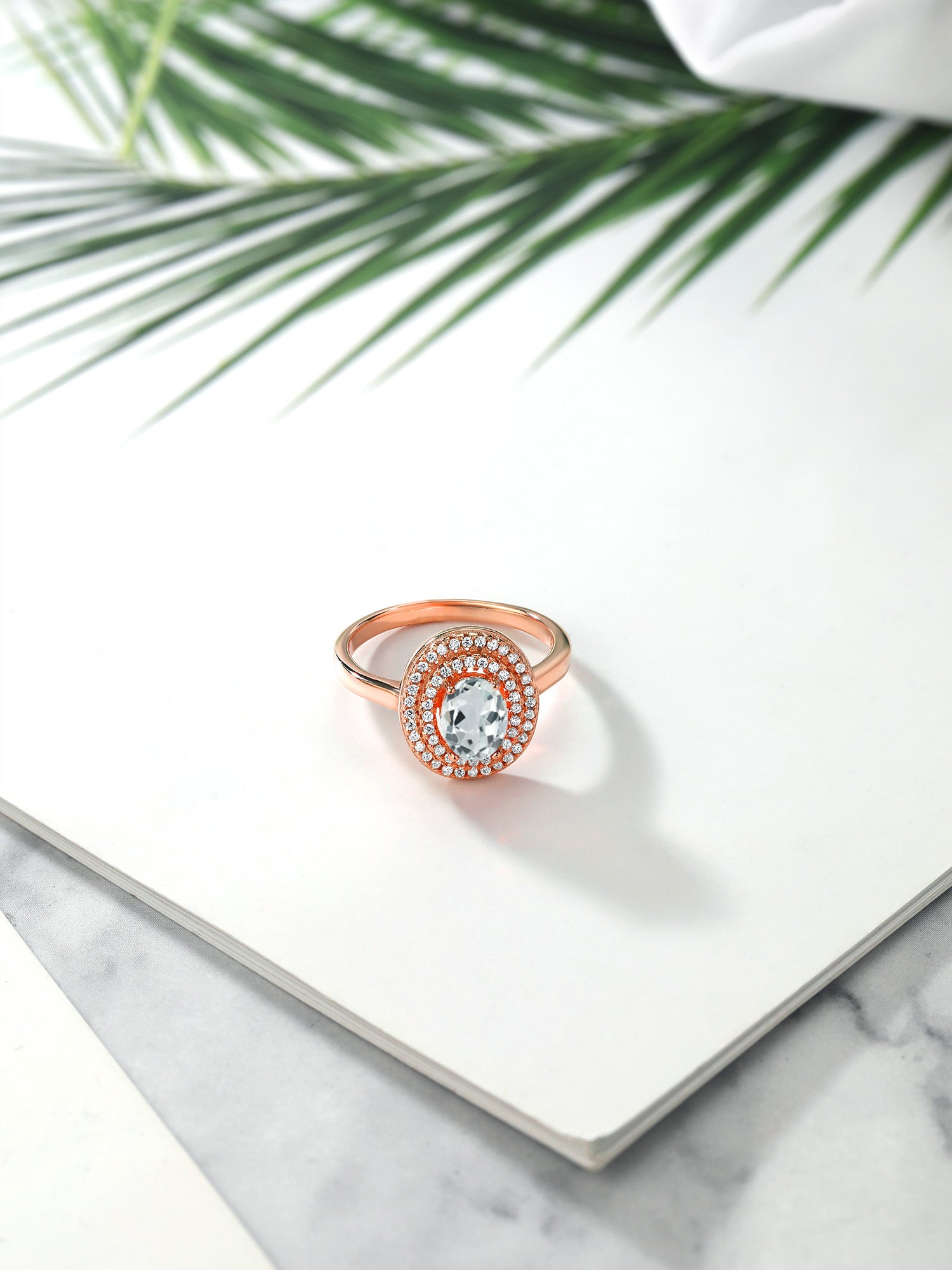 18K Rose Gold Plated Silver Oval Sky Blue Aquamarine Halo Engagement Ring T4883
