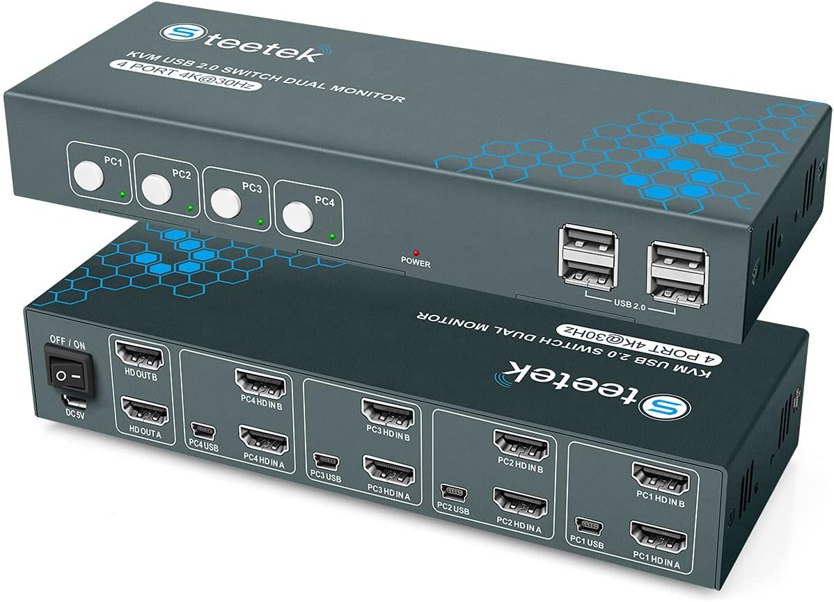 KVM Switch Dual Monitor 4 Port 4K@30Hz, HDMI 4 in 2 Out, with 8 HDMI and 4 USB Cables Q32355